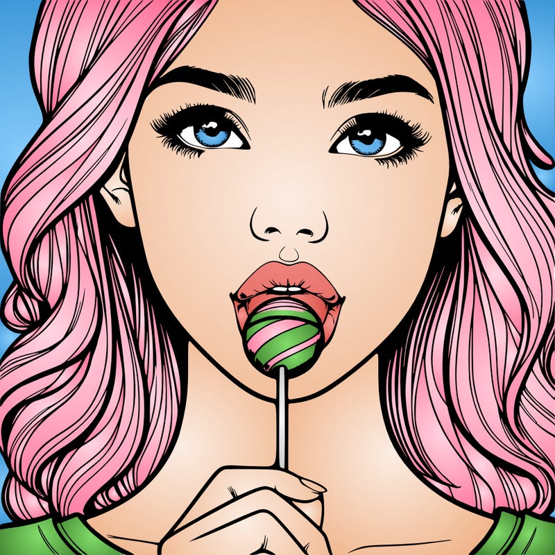 a realistic girl with a lollipop in her mouth