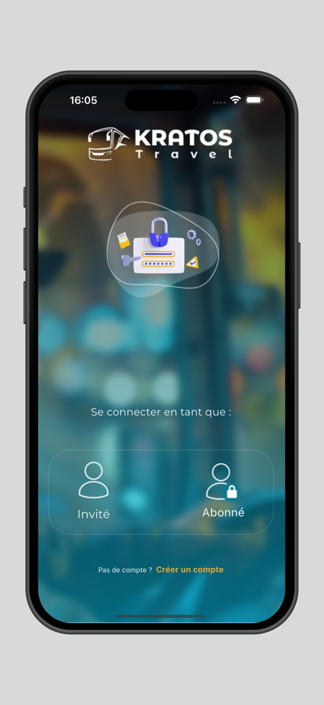 Kratos Travel - Pantalla de inicio de sesión de la aplicación Kratos Travel que muestra acceso para invitados y suscriptores.
