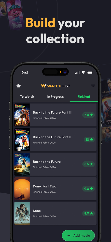 Watch List: TV Series & Movies - Interfaz de la aplicación Lista de Ver mostrando una colección de películas terminadas con calificaciones personales