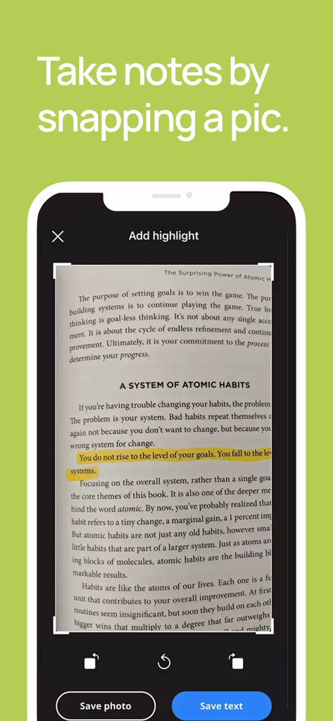 Basmo.Reading Tracker,Book Log - Basmo app screen showing the book scanner feature to capture and save notes from a physical book page