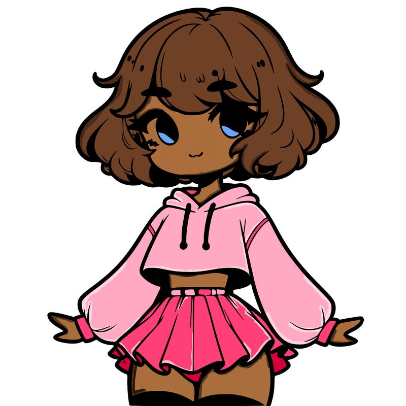 cute femboy with short, fluffy hair that softly frames their face, wearing a cropped hoodie, paired with a flouncy short skirt, and thigh-high stockings