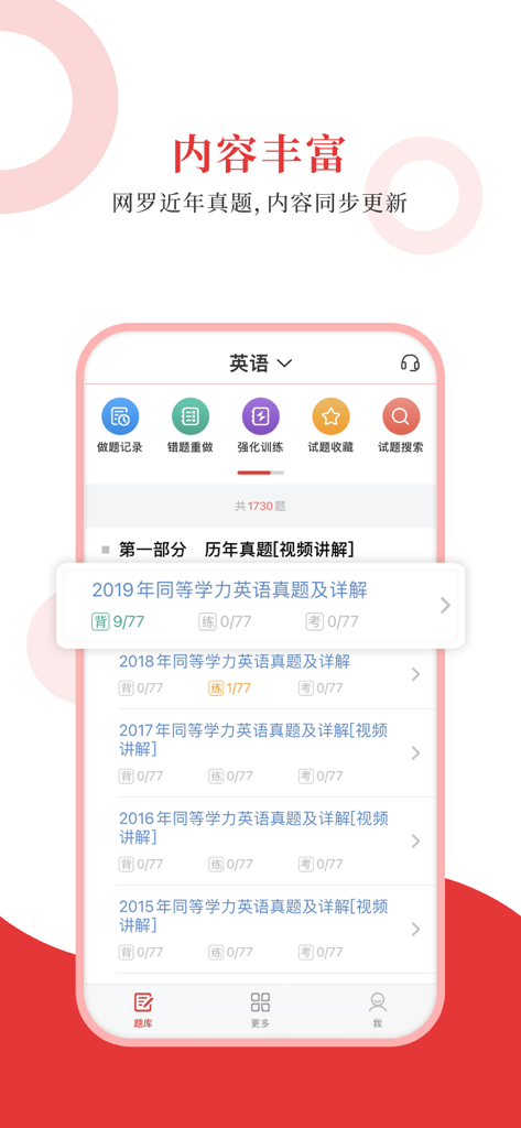 同等学力圣题库 - Interface of the Equivalency Master’s Degree Exam app displaying a list of English past papers with icons for practice history and error tracking.