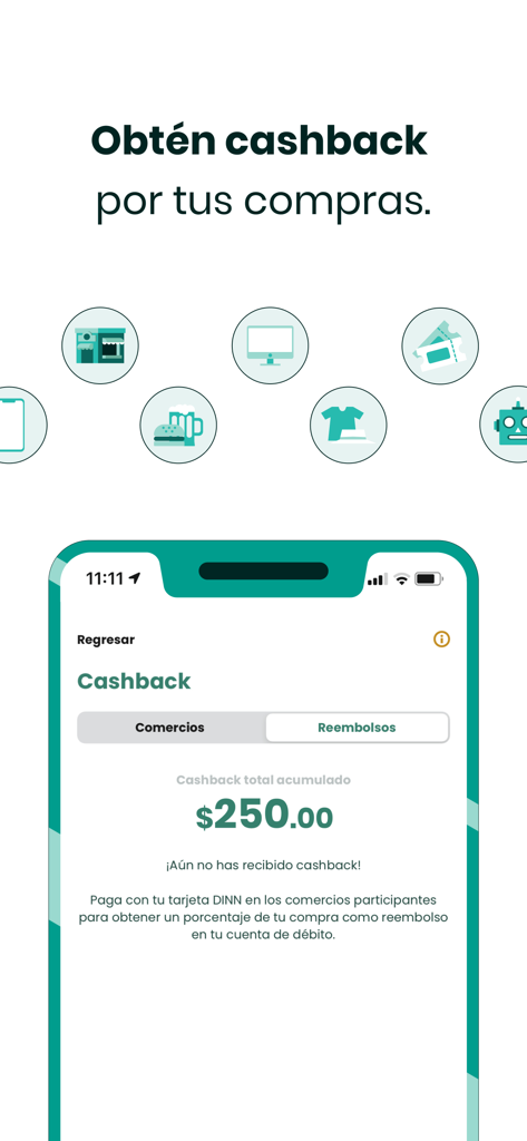 DINN: Invierte fácil - Interfaz de la app DINN que muestra la sección de cashback con un saldo acumulado e iconos de compras