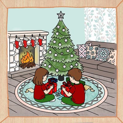 girl and a boy sitting next to a christmas tree opening persents. fireplace with four stockings hanging. a circle rug under neath the christmas tree. sofa with chinas cushions