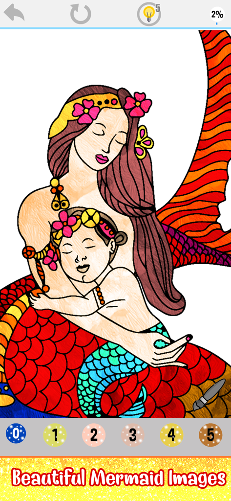 Una interfaz de juego digital de colorear por número que muestra una ilustración de una madre sirena sosteniendo a su hijo con opciones de color numeradas en la parte inferior.