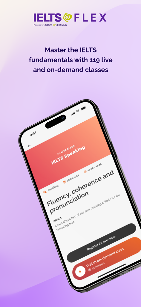 IELTS Flex - Interfaz de la aplicación IELTS Flex que muestra clases de expresión oral en vivo y bajo demanda