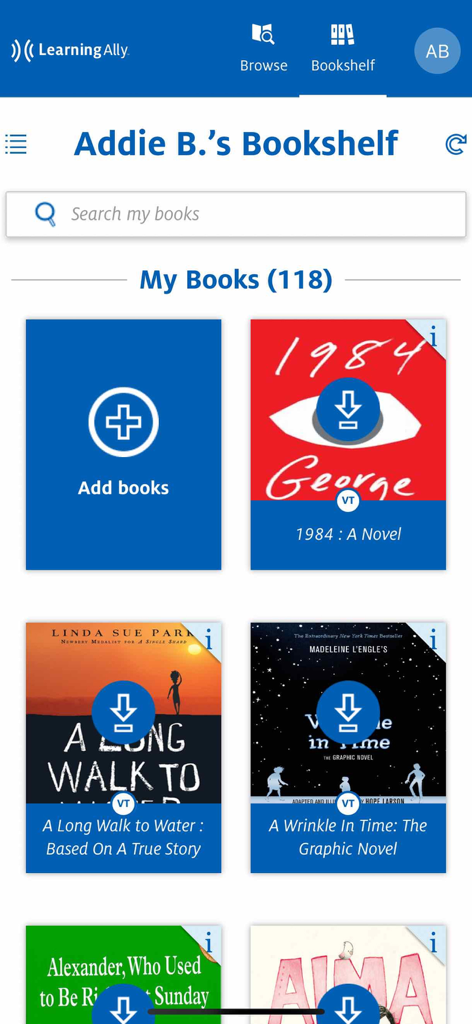 Learning Ally Audiobooks app interface showing a student's personal digital bookshelf with various book titles