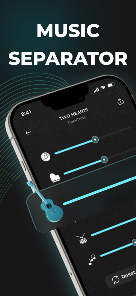 Music Separator app interface on iPhone showing sliders to isolate vocals and instruments