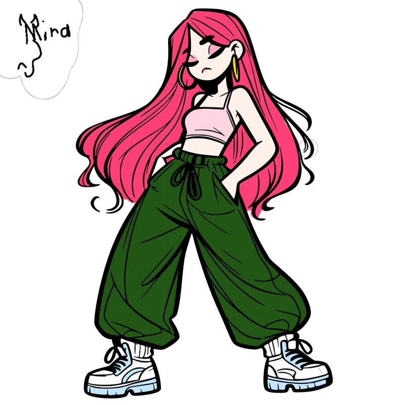 girl in baggy pants crop top and long hair