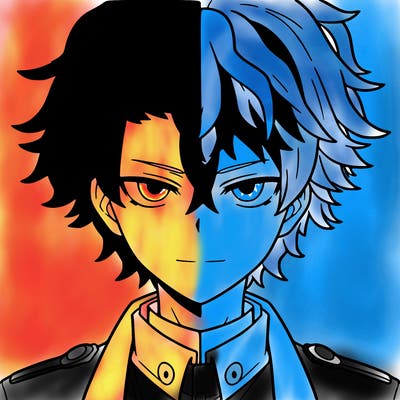 an anime boy with half white half red hair