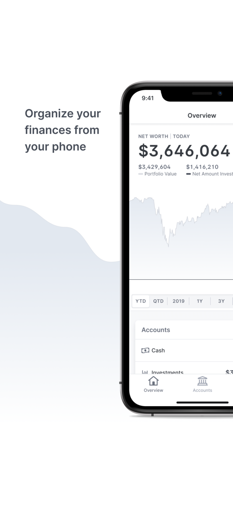 A smartphone displaying the GBM Wealth app net worth overview and investment portfolio charts