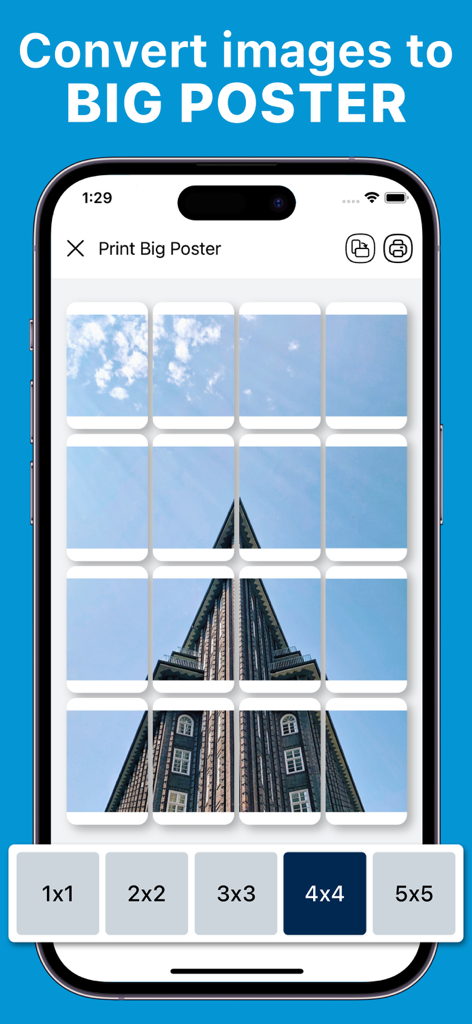 Eine Smartphone-Oberfläche, die die Funktion "Großes Poster" zeigt, bei der ein Bild eines Gebäudes in ein 4x4-Raster für den kachelweisen Druck unterteilt ist.