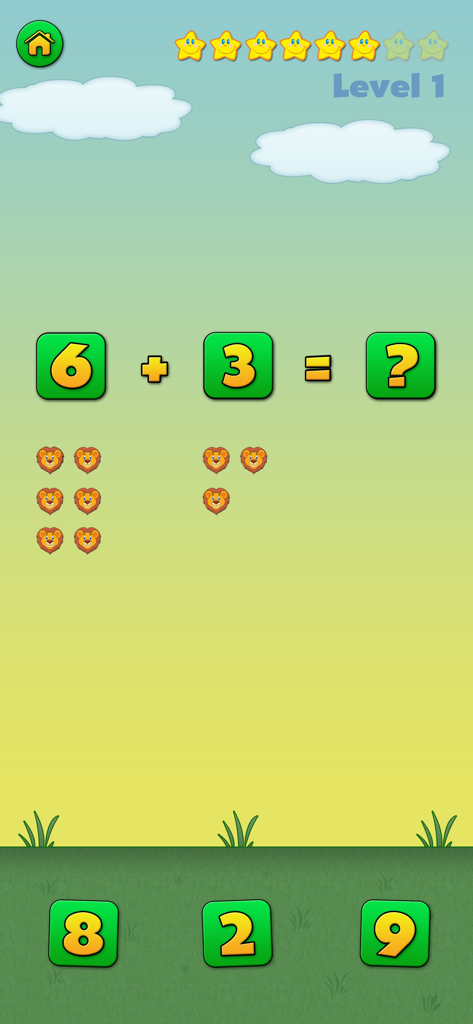 Math Joy - Kids Learning Games - Math Joy app interface showing a basic addition level with lion icons used as visual aids for the equation 6 plus 3.