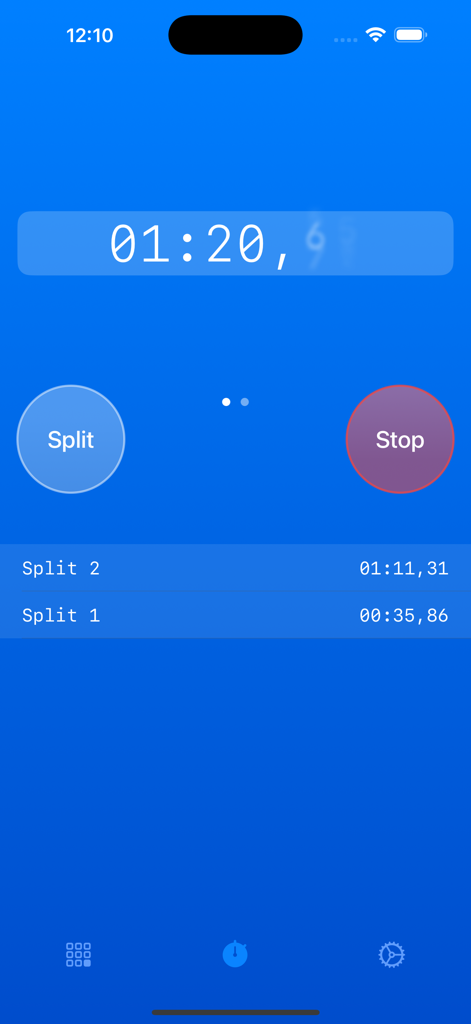 FINA Points - Digitaler Stoppuhr-Bildschirm in der FINA Points App, der die vergangene Zeit und die Zwischenergebnisse anzeigt
