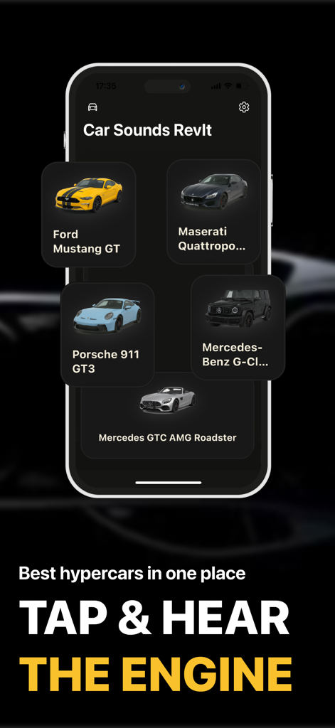 Car Sounds Simulator - RevIt - Interface of Car Sounds Simulator RevIt showing a selection of luxury cars including a Ford Mustang GT and Porsche 911 GT3 for engine sound playback