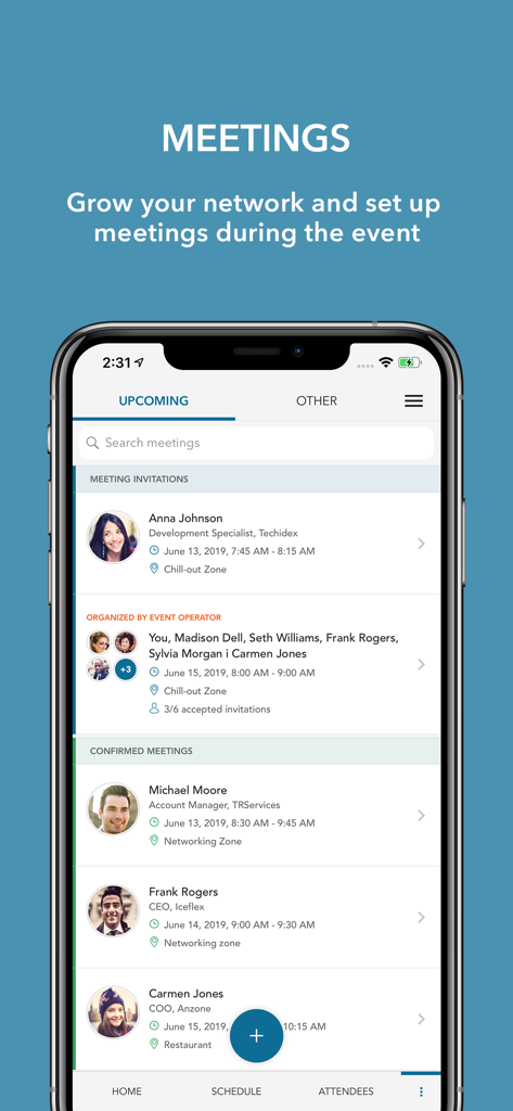Eventory - for better events - Eventory mobile app screen showing a list of professional meeting invitations and confirmed networking sessions with attendee profiles and event times.