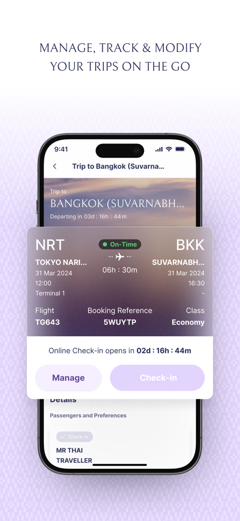 Thai Airways app interface showing trip management and flight status for a flight to Bangkok