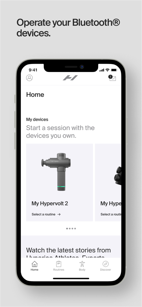 Hyperice - Hyperice app home screen interface showing Bluetooth device control for a Hypervolt 2 massage gun