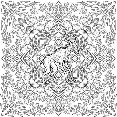 Unleash your creativity with this unique coloring page featuring a chilling Wendigo nestled within a beautiful autumn mandala. Explore the intricate details of fall foliage, pumpkins, and a creature from folklore, all in one captivating design.