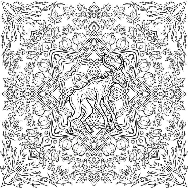 Unleash your creativity with this unique coloring page featuring a chilling Wendigo nestled within a beautiful autumn mandala. Explore the intricate details of fall foliage, pumpkins, and a creature from folklore, all in one captivating design.