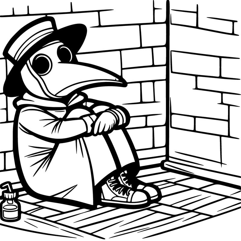 a plague doctor sitting in a corner