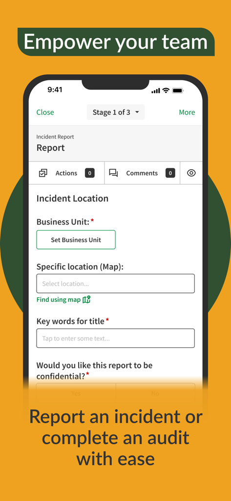 ecoPortal Connect - Interface móvel do ecoPortal Connect exibindo um formulário de registro de incidente de segurança com campos de localização e unidade de negócios