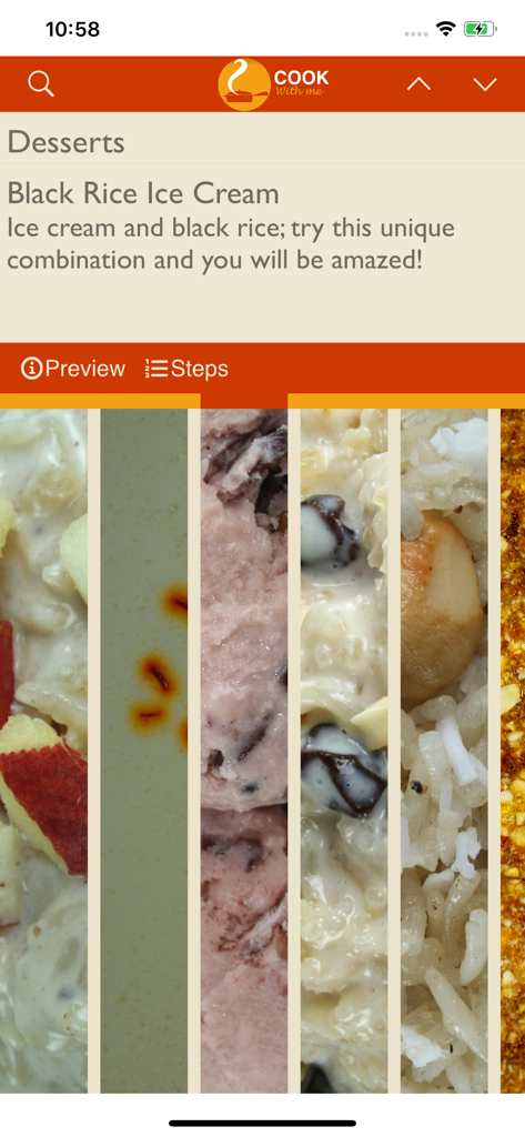 Cook With Me - Cook With Me app screen showing a Black Rice Ice Cream dessert recipe with photo previews