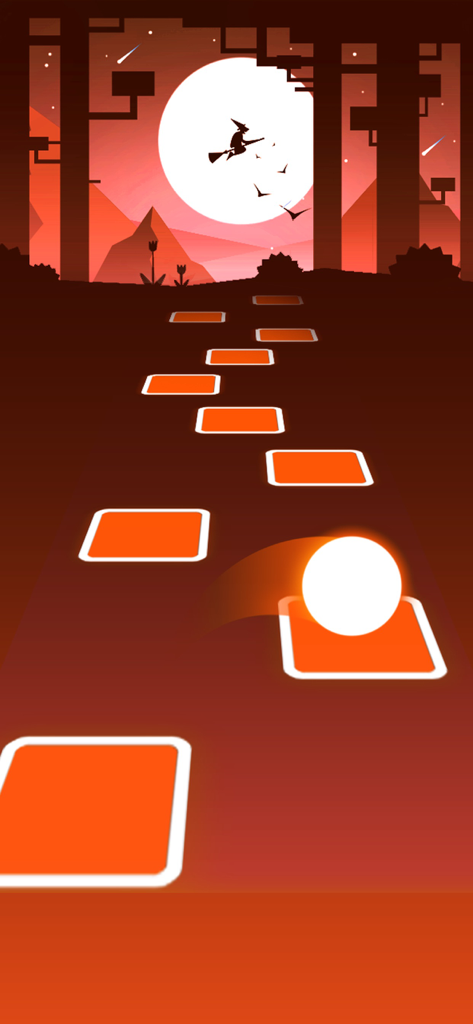EDM HOP: Music Tiles Rush - A white ball jumping on glowing orange tiles in a rhythm game with a witch silhouette and moon background