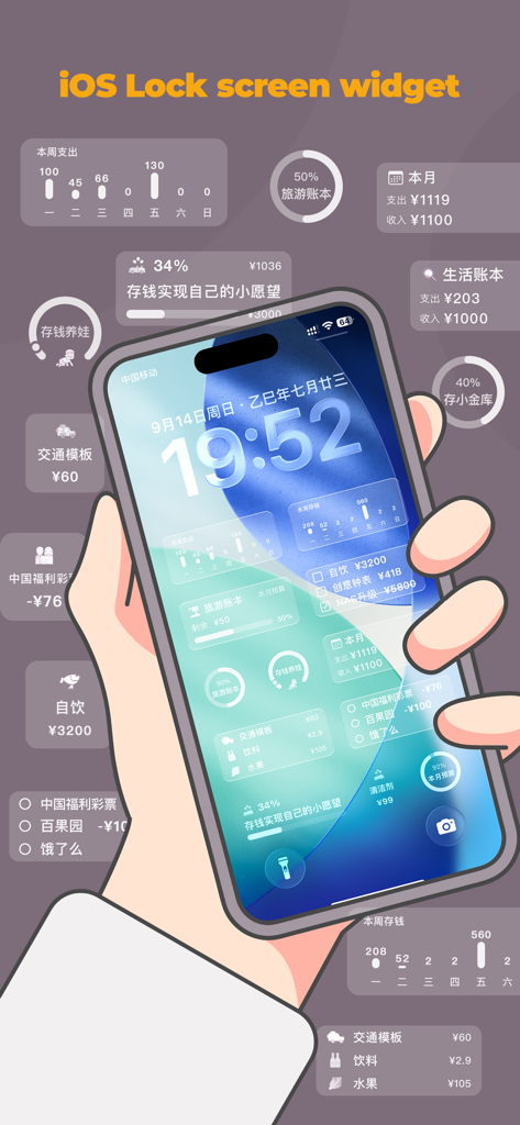 Money Cats - Bookkeeping Cost - A smartphone displaying financial tracking widgets from the Money Cats app on the iOS lock screen.