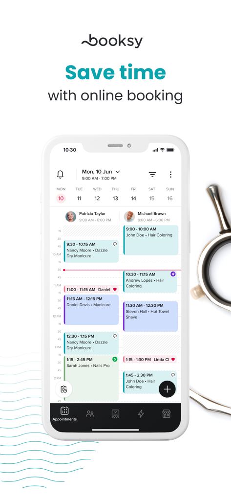 Booksy Biz mobile app showing a digital appointment calendar for beauty and wellness professionals