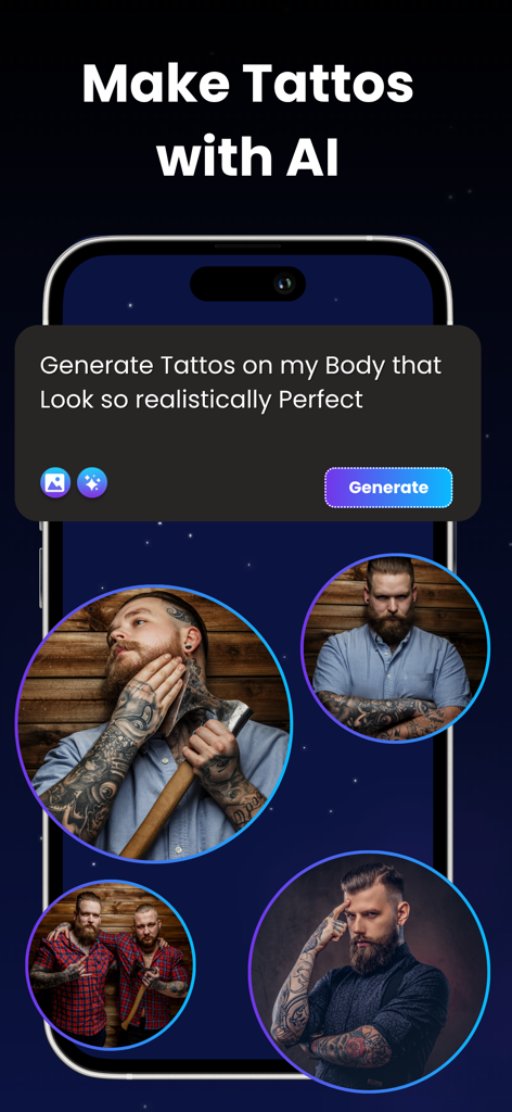 Playground AI: Image Generator - Una interfaz móvil para la aplicación Playground AI que muestra la función de generador de tatuajes IA con ejemplos fotográficos