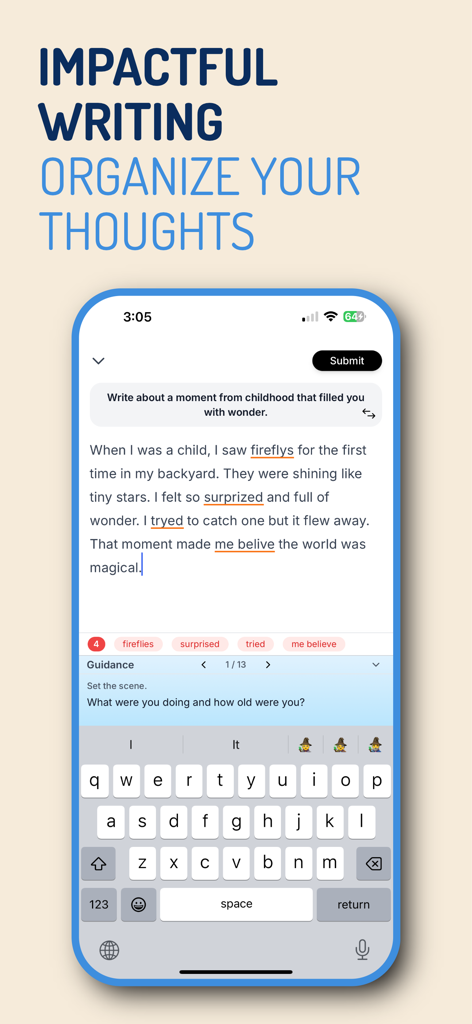 A screenshot of Lexioo showing advanced writing practice with real time AI spelling and grammar corrections