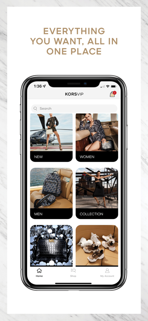 The home screen of the KORSVIP mobile app featuring shopping categories and luxury product images
