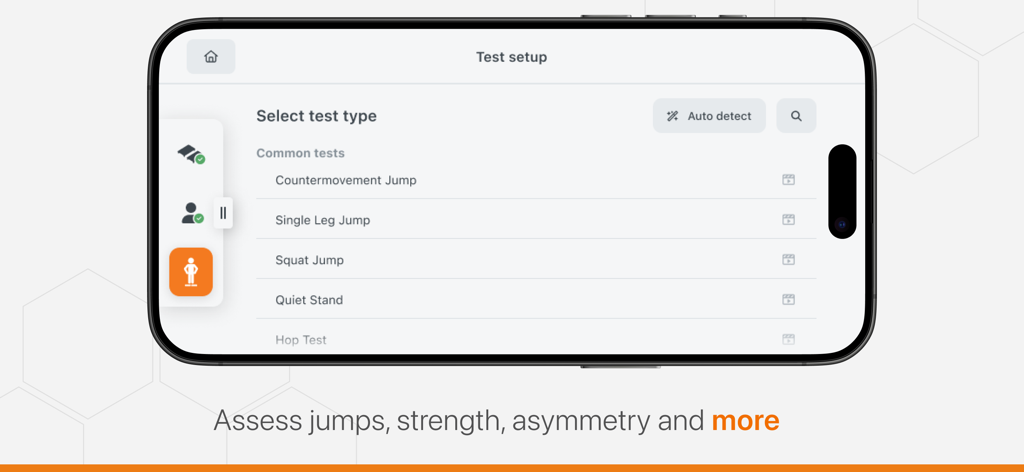 ForceDecks app interface for selecting athletic jump and strength tests