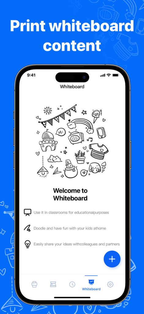 Printer App: All-in-One - A mobile phone displaying the whiteboard feature of the Printer App with options to print doodles and notes.