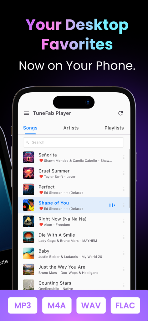 TuneFab Player - TuneFab Player mostrando una lista de canciones en un smartphone con soporte para formatos MP3 M4A WAV y FLAC