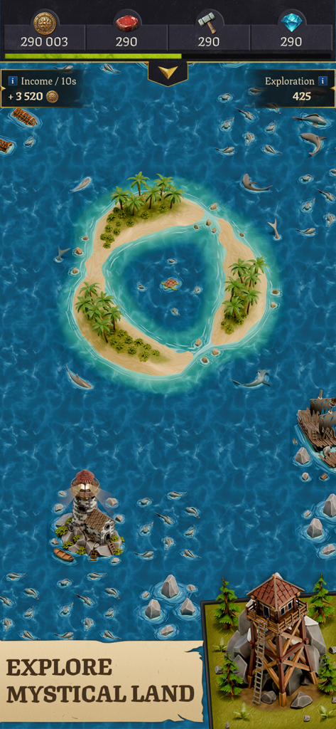 Capture d'écran du jeu Legacy of Kings Idle Builder présentant l'exploration d'une île tropicale et d'un phare.