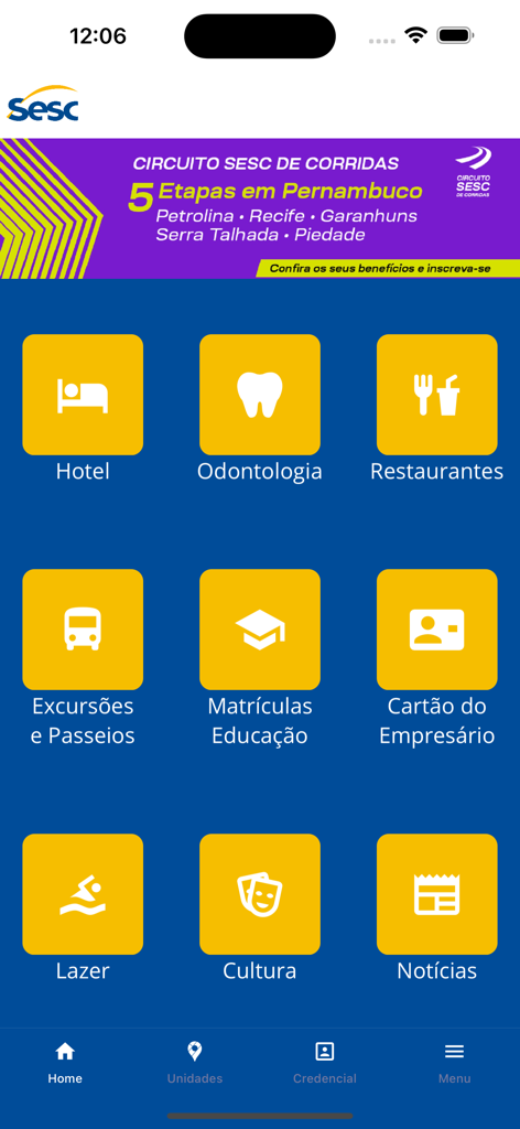 Menu principale dell'app SESC PE con icone per servizi come istruzione, salute e tempo libero