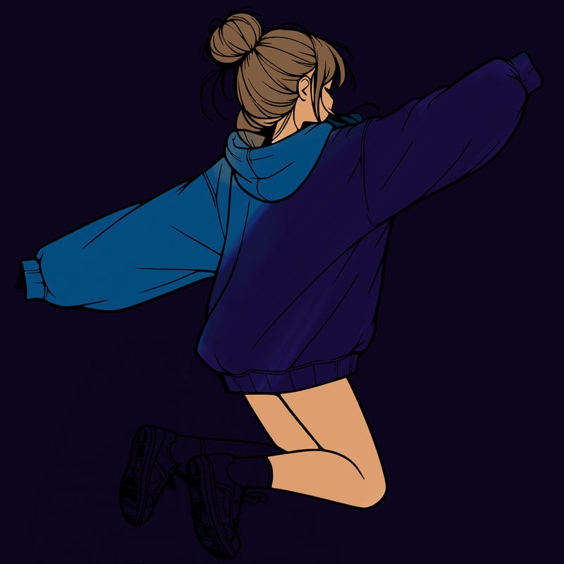realistic girl jumping with a bun and oversized sweatshirt