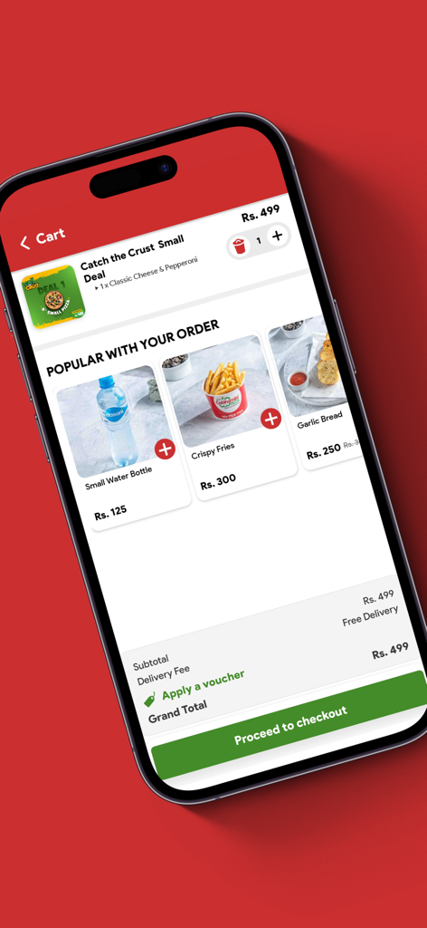 Schermata del carrello dell'app California Pizza PK che mostra un'offerta di pizza e articoli popolari da aggiungere, con un pulsante per procedere al checkout