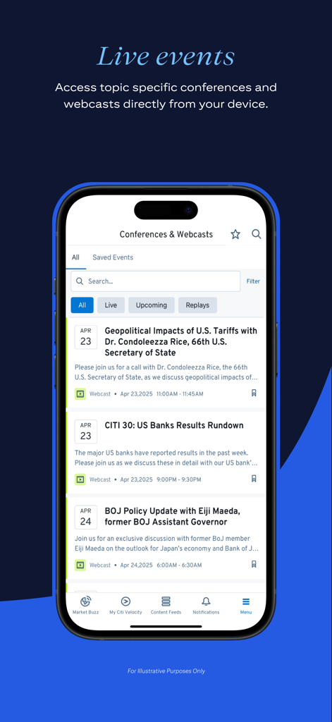 Citi Velocity app interface displaying a list of live financial conferences and institutional webcasts.