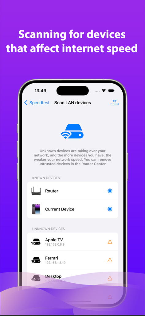SpeedRace：Speed test & Ranking - SpeedRace app interface scanning local network devices to identify network congestion