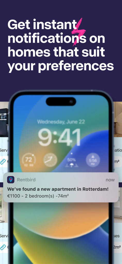 Smartphone screen showing a Rentbird push notification for a new apartment listing with price and bedroom details.