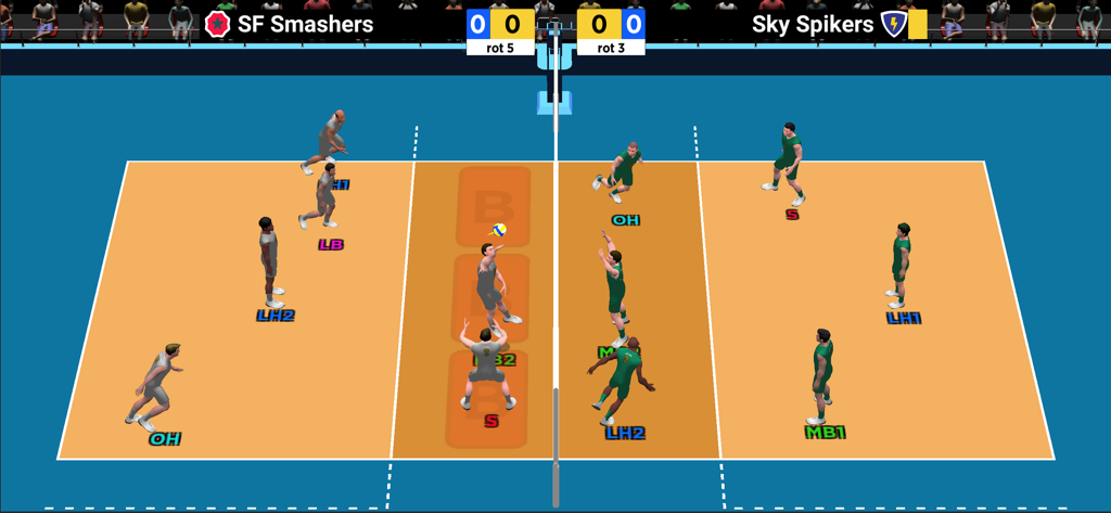 Spike Masters 3D Volleyball - A 3D volleyball match in progress with two teams competing on the court.