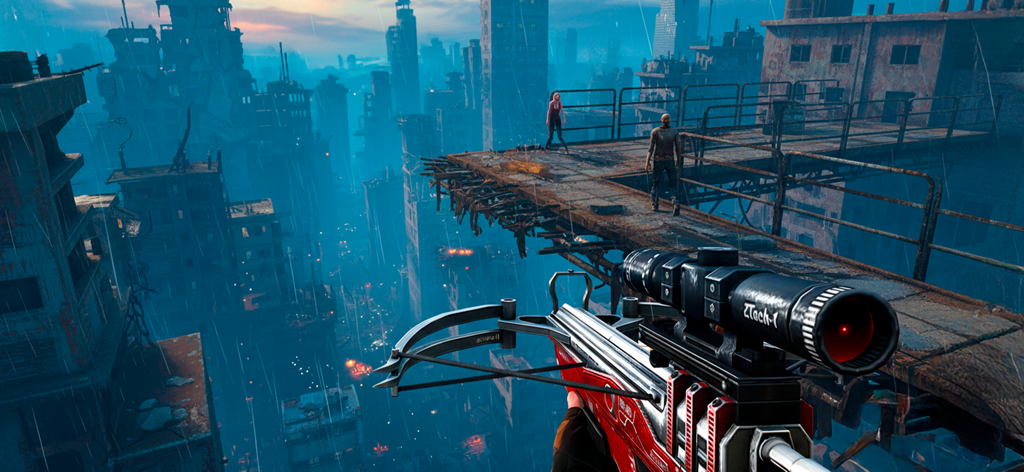 Zombie Apocalypse・Shooter Game - 포스트 아포칼립스 도시 옥상에서 좀비를 겨누는 첨단 석궁의 1인칭 시점