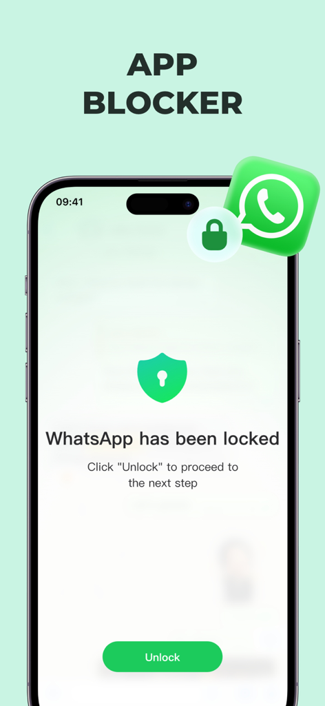App Lock - Lock Apps ™ - Un écran de smartphone montrant la fonctionnalité App Lock avec WhatsApp verrouillé pour aider les parents à gérer le temps d'écran et la confidentialité