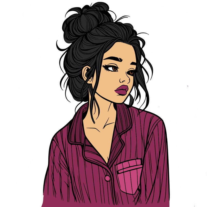 realistic woman with pajamas on and a messy bun