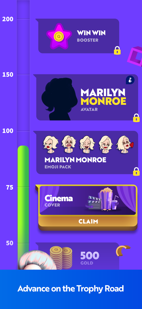 Quiz Crush: Trivia & Friends - The Trophy Road progression system in the Quiz Crush app displaying various unlockable rewards and boosters.