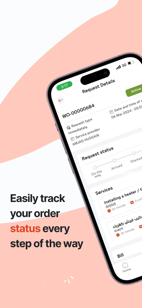 همه تك | Hemahtech - Eine mobile Oberfläche der Hemahtech App, die den Echtzeit-Bestellstatus und die Anfragedetails für Hauswartungsdienste anzeigt