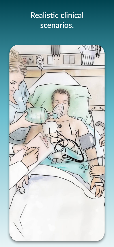 Clinical Sense - Illustration of healthcare professionals managing a patient in a realistic clinical scenario from the Clinical Sense app